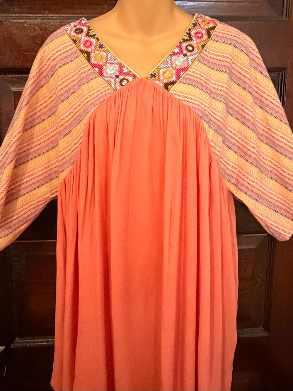 Velzera Coral Embroidered Yoke Long Sleeve Dress